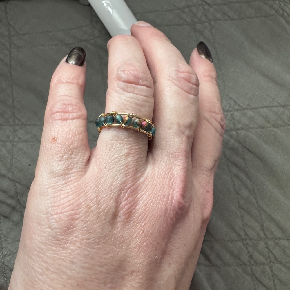 Handcrafted Teal & Gold Electroplated Beaded Ring